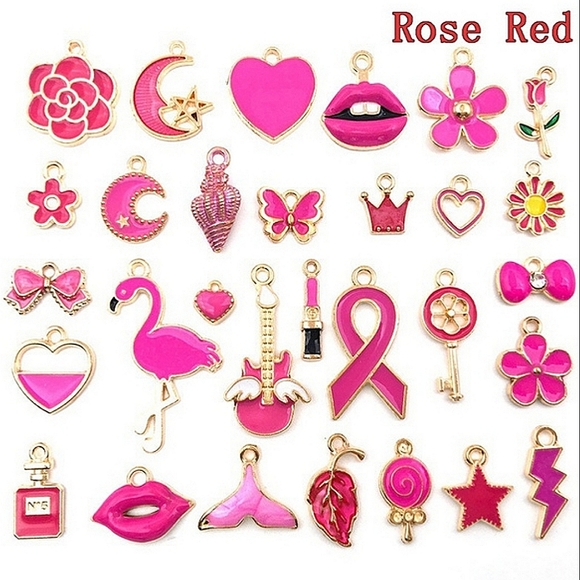 Rose Red series asymmetrical enamel & alloy charm earrings. Pair #3. - Picture 3 of 3